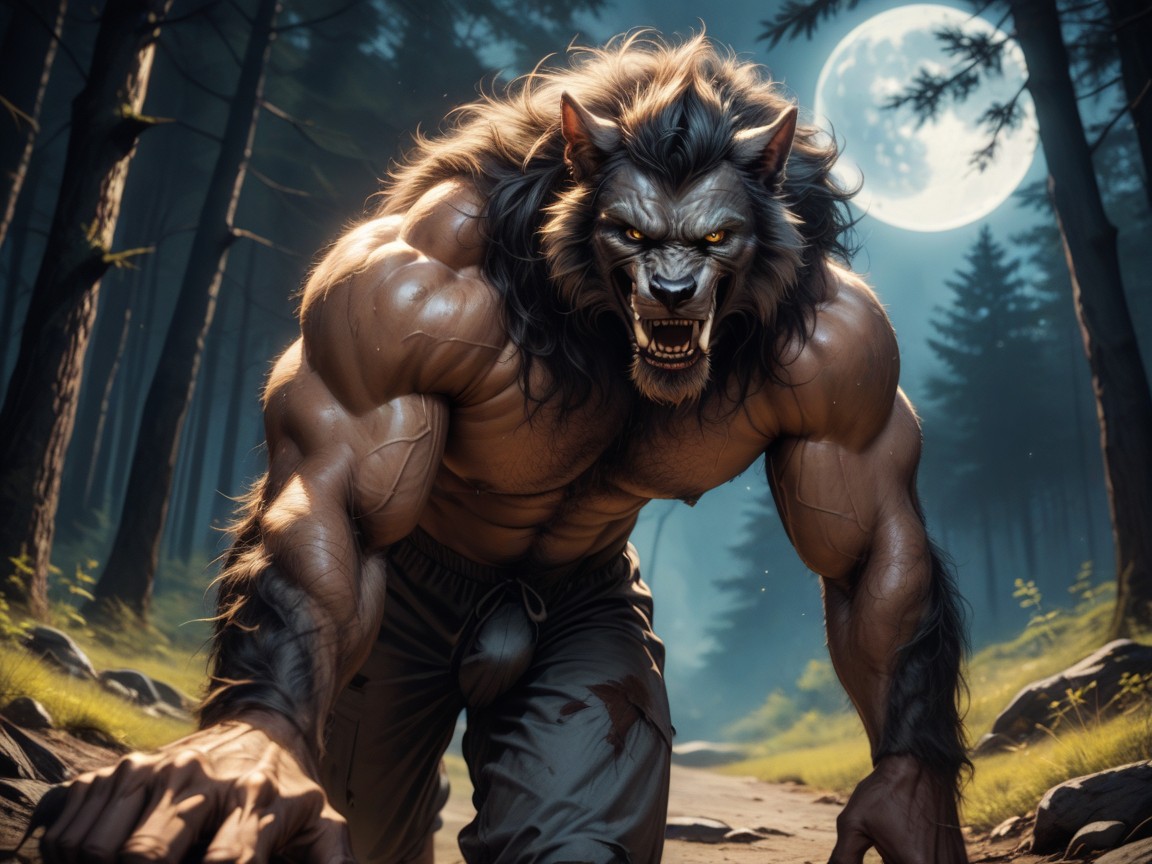 A Highly Detailed Photorealistic Drawing Of A Monstrous Werewolf, Side View, Muscular Werewolf Body AI Gay Porn