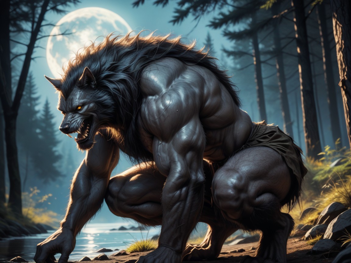 18+, Side View, Werewolf Has Wolfl Ike Features AI Gay Porn
