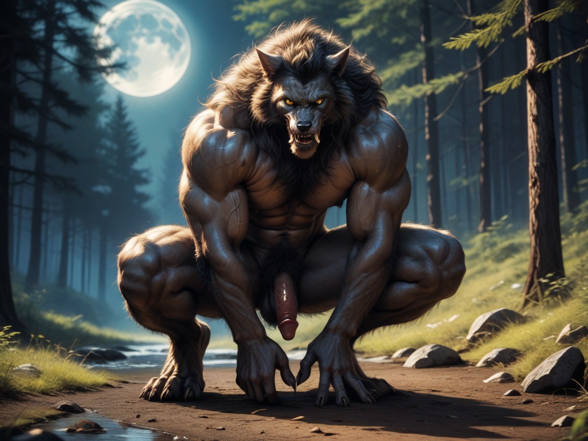 Muscular Werewolf Body, The Werewolfs Naked Body On Full Display, A Monstrous Hairy Like Werewolf AI Gay Porn