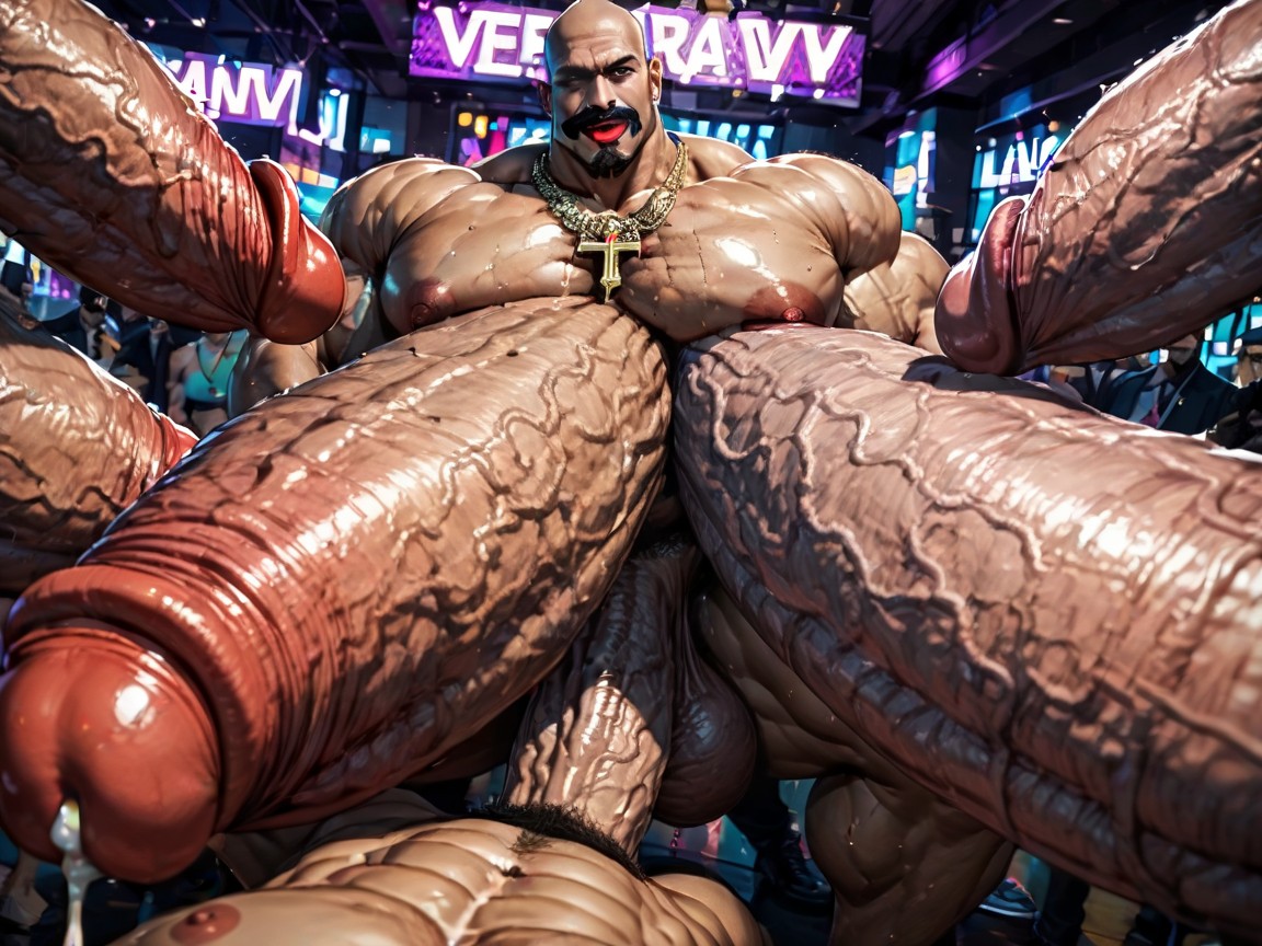 Erect Penis, Many People Around, Massive Thick Bulky Hairy Muscles AI Gay Porn