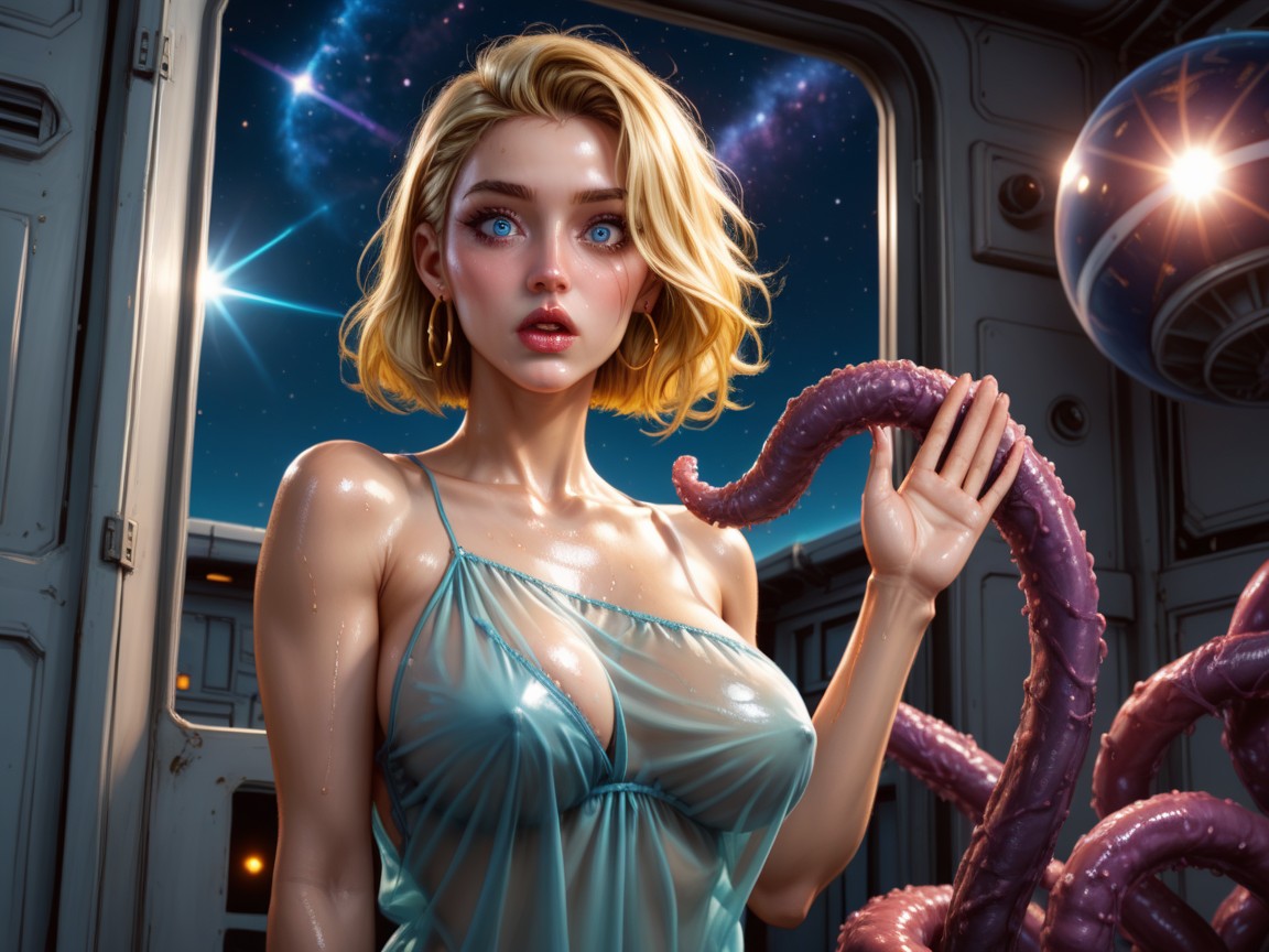 Oiled Skin, Holding A Glass, Alien Monster With Many Glowing Tentacles Hentai IA