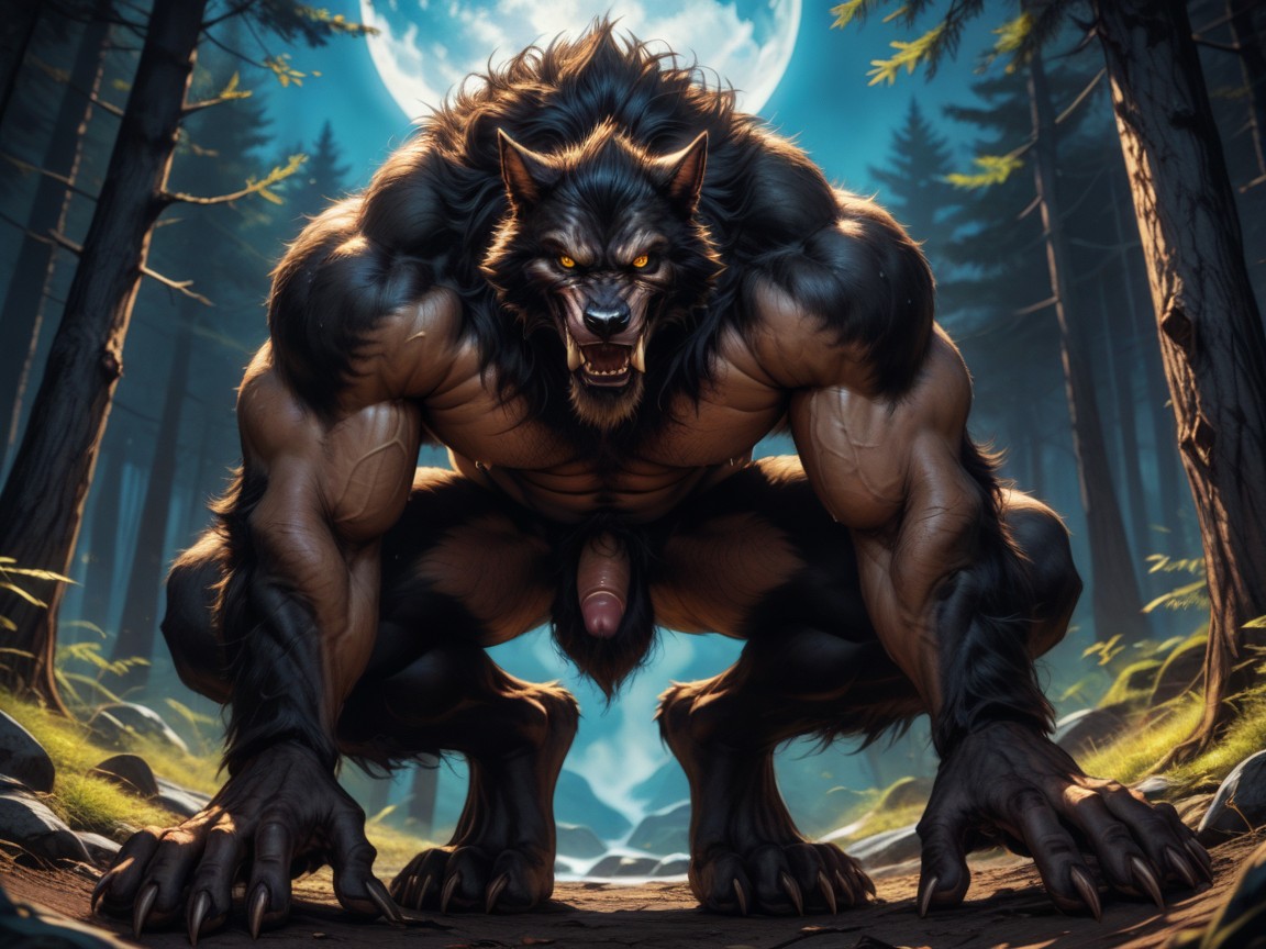 The Werewolfs Magnificent Wolflike Naked Body On Full Display, Happy Excited Expression, Werewolf Sweating AI Gay Porn