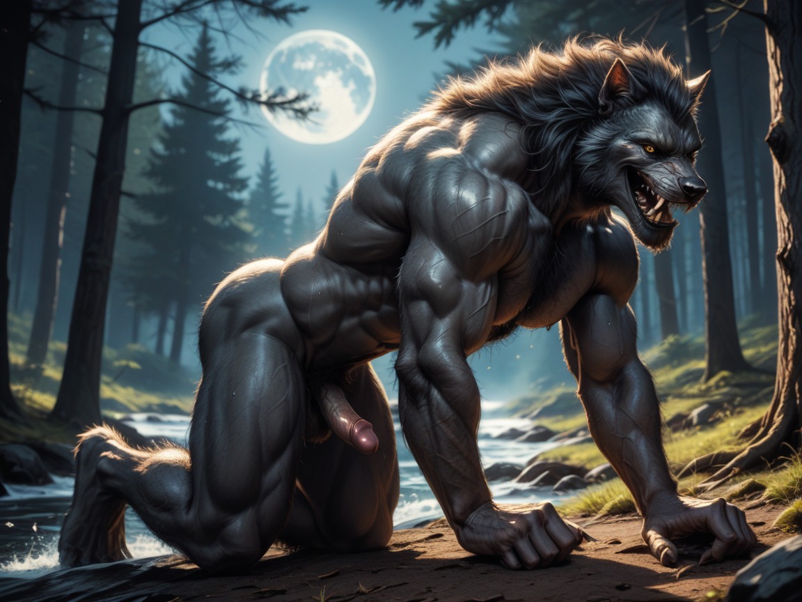 Side View, Fit, Werewolf Has Thick Grey Colored Fur AI Gay Porn