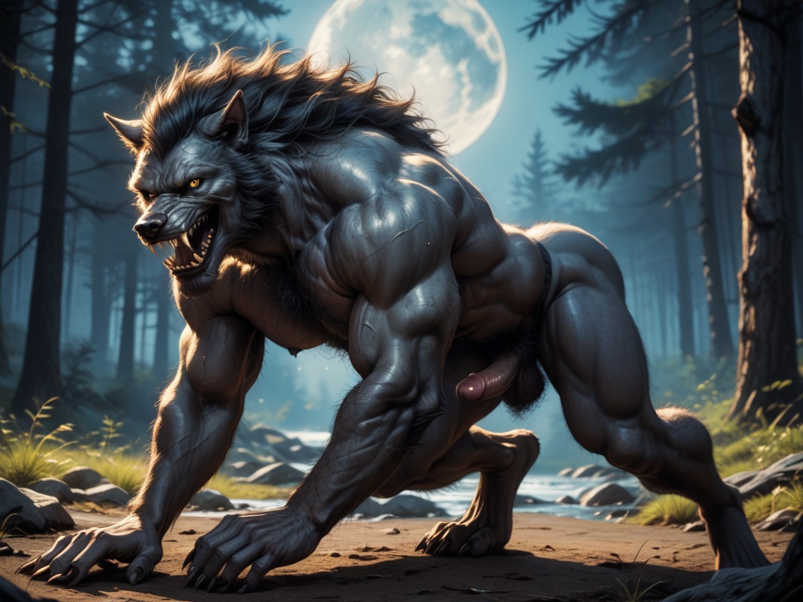 Small, 18+, Werewolf Has Thick Grey Colored Fur AI Gay Porn