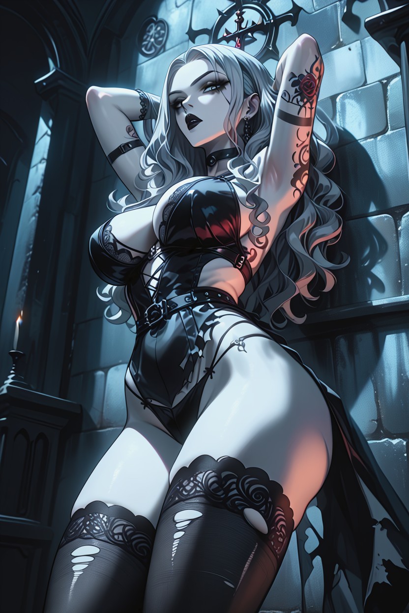 Dark Makeup, Pale Skin, Candlelit Dungeon Background Hentai IA