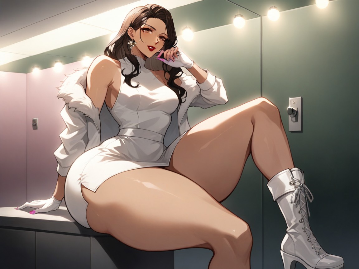 Tight Ass, Wearing Pink And White Fur Courier Clothes, Straight Black Hair Flowing Hentai IA
