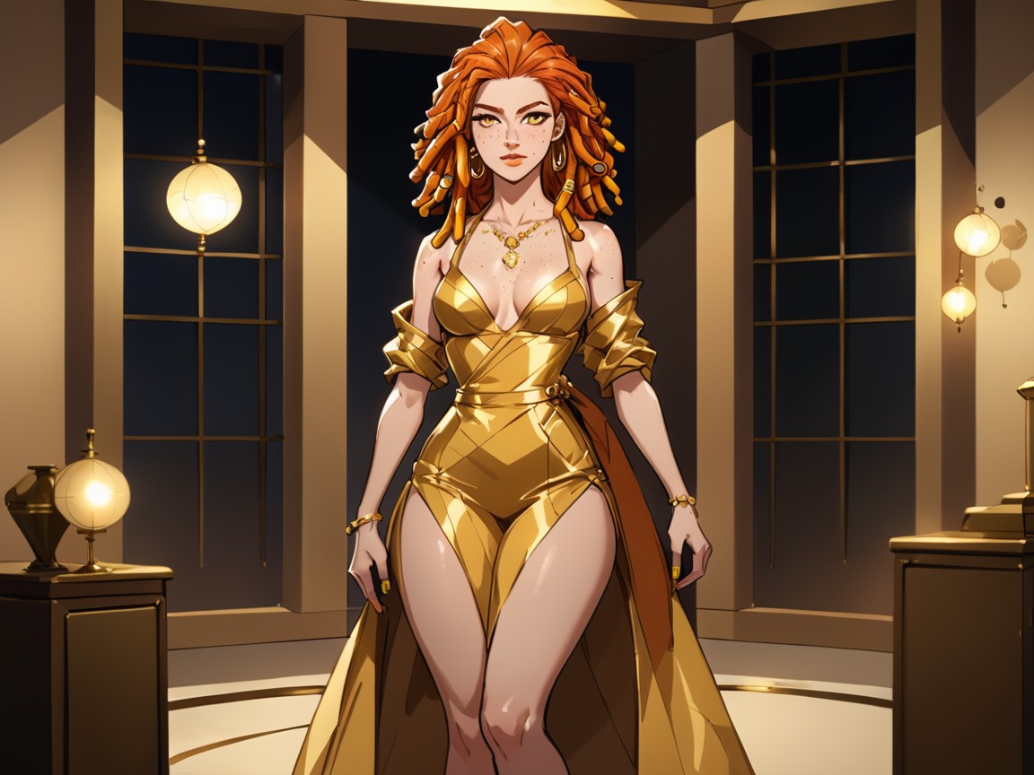 Rounded Shoulders, Wearing Gold Silk Courier Clothes, Lanterns In Distance Porno IA