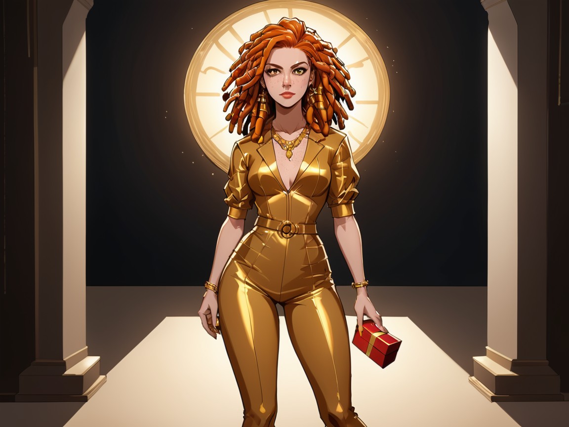 Gold Silk Utility Wrap Skirt With High Slit And Side Pocket, Mischievous Pretty Face, Barefoot On Patterned Rugs AI Porn