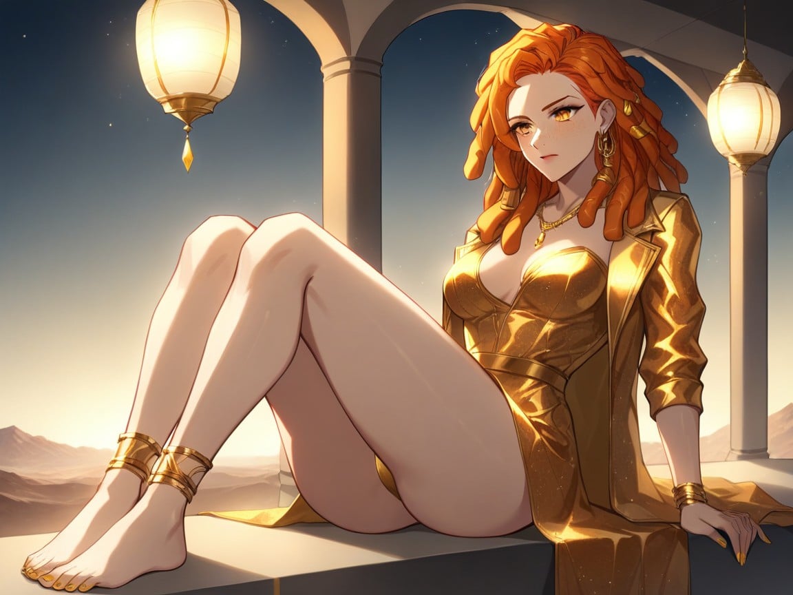 Barefoot On Patterned Rugs, Vibrant Saturated Colors, Gold Silk Crossbody Courier Harness Hentai AI Porn