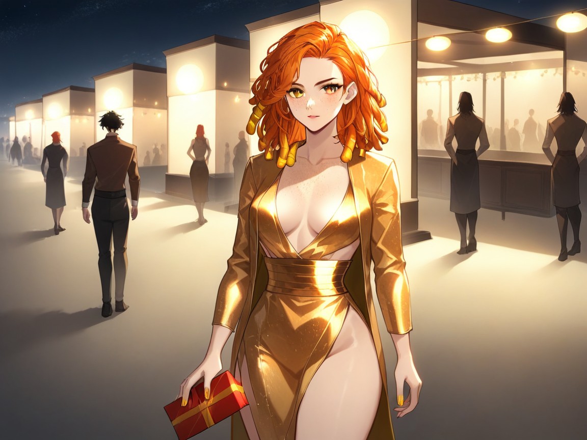 Rounded Thighs, Gold Silk Courier Satchel, Woman Holding Silk Wrapped Gift Box Hentai IA
