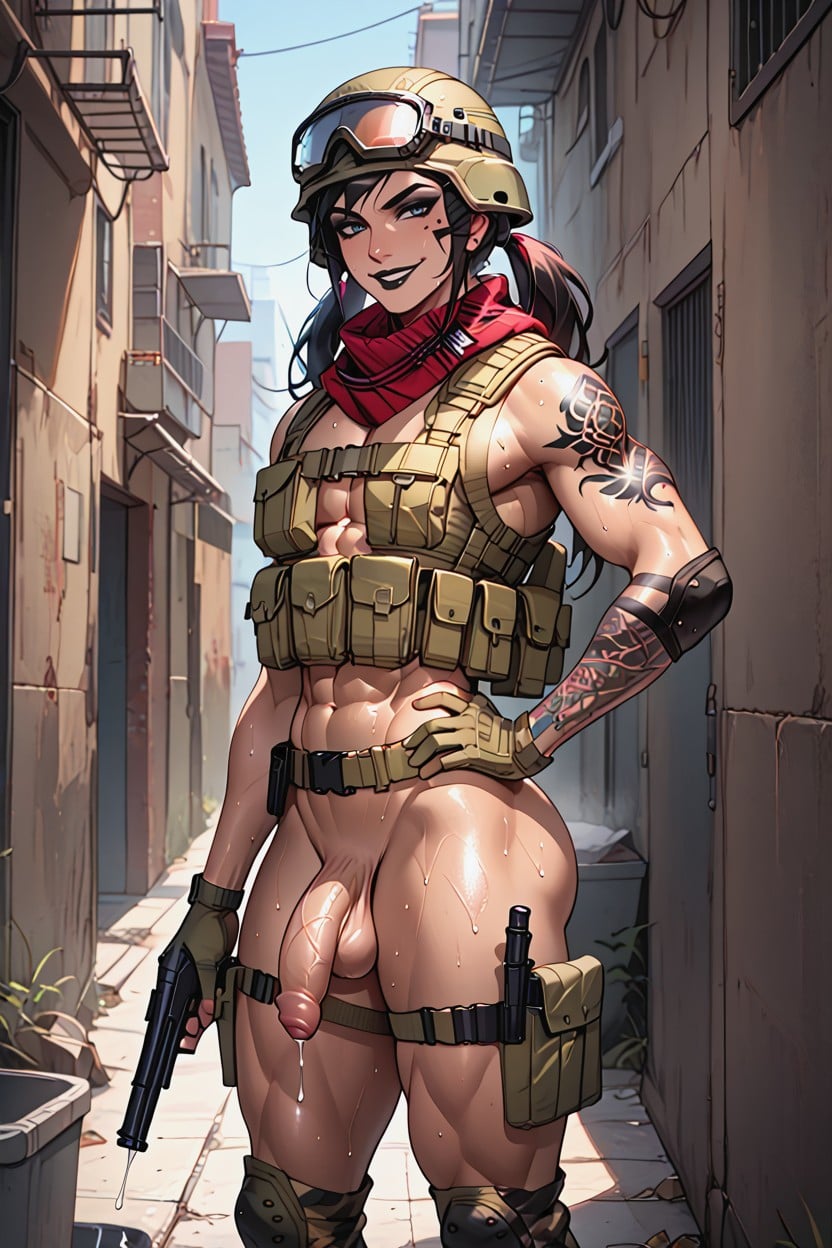 Camo, Hand On Hip, Black Eyeshadow Shemale AI Porn