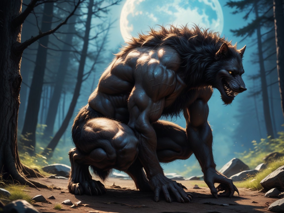 18+, The Werewolfs Penis Is Visible And His Hairy Balls Are Dangling Between His Legs, Werewolf Sweating AI Gay Porn