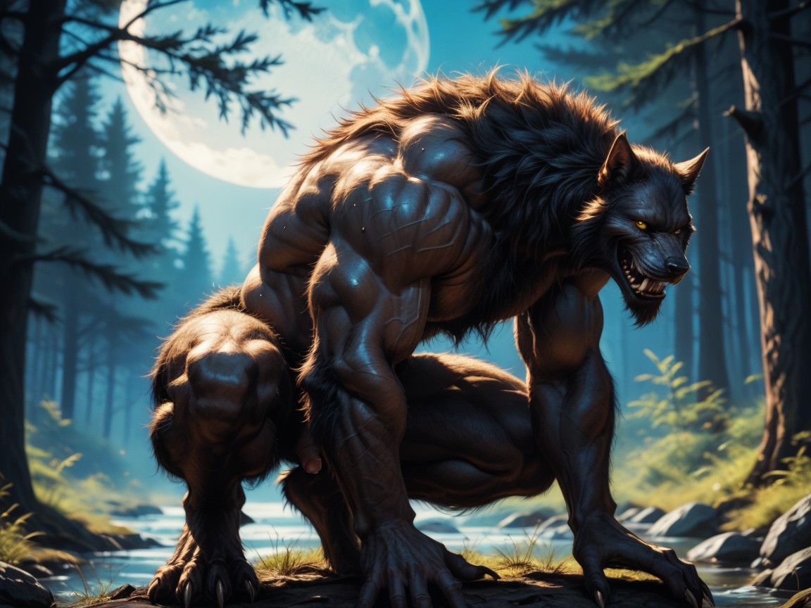 Werewolf Sweaty, Side View, The Werewolfs Body Is Covered In Fine Black Fur AI Gay Porn