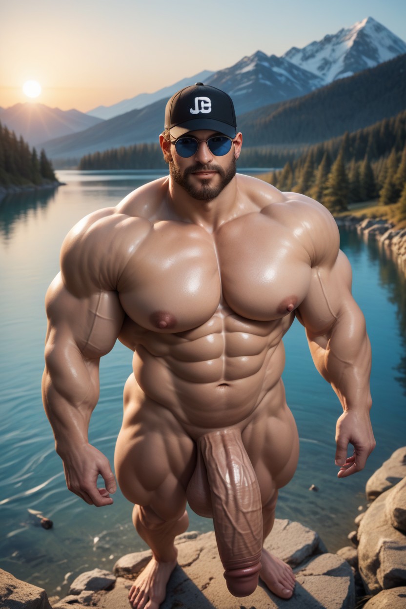 Massive Long Fat Cock, Wearing Step Step Step Dad Baseball Hat, Huge Muscles AI Gay Porn