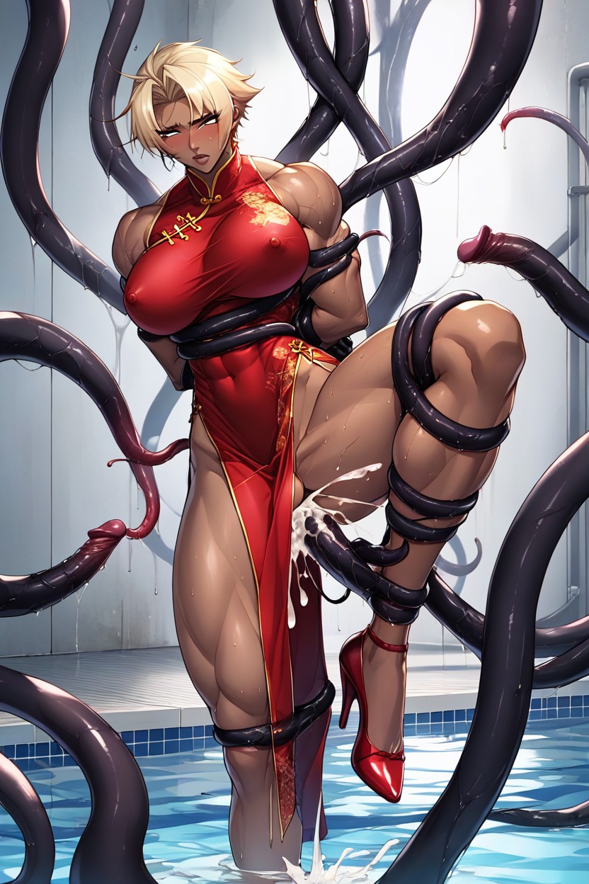 Massive Ejaculation, Muscular, Black Tentacles Bind Her Legs AI Porn