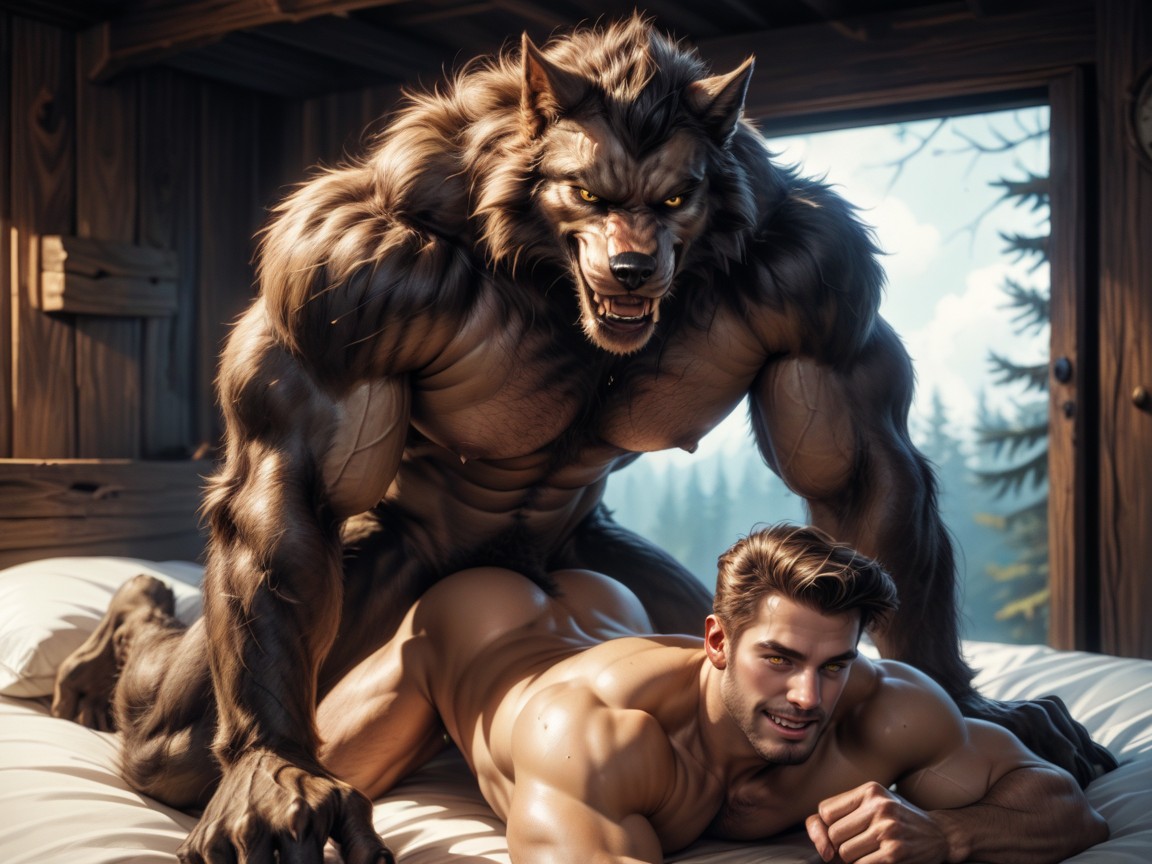 18+, Werewolf Sweating, Werewolf Large Back And Large Chest Muscles AI Gay Porn