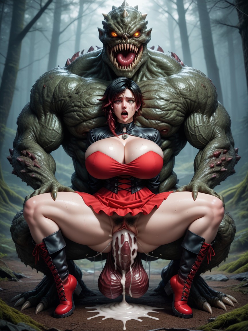 Large Hairy Horror Monster, Rubys Huntress Dress, Massive Pubic Hair AI Porn