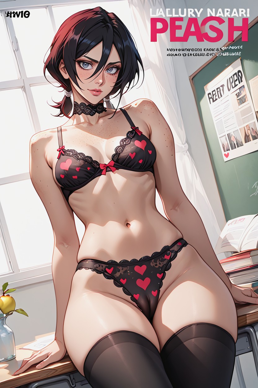 Sitting On Desk, Heart Print Bra, High Resolution AI Porn
