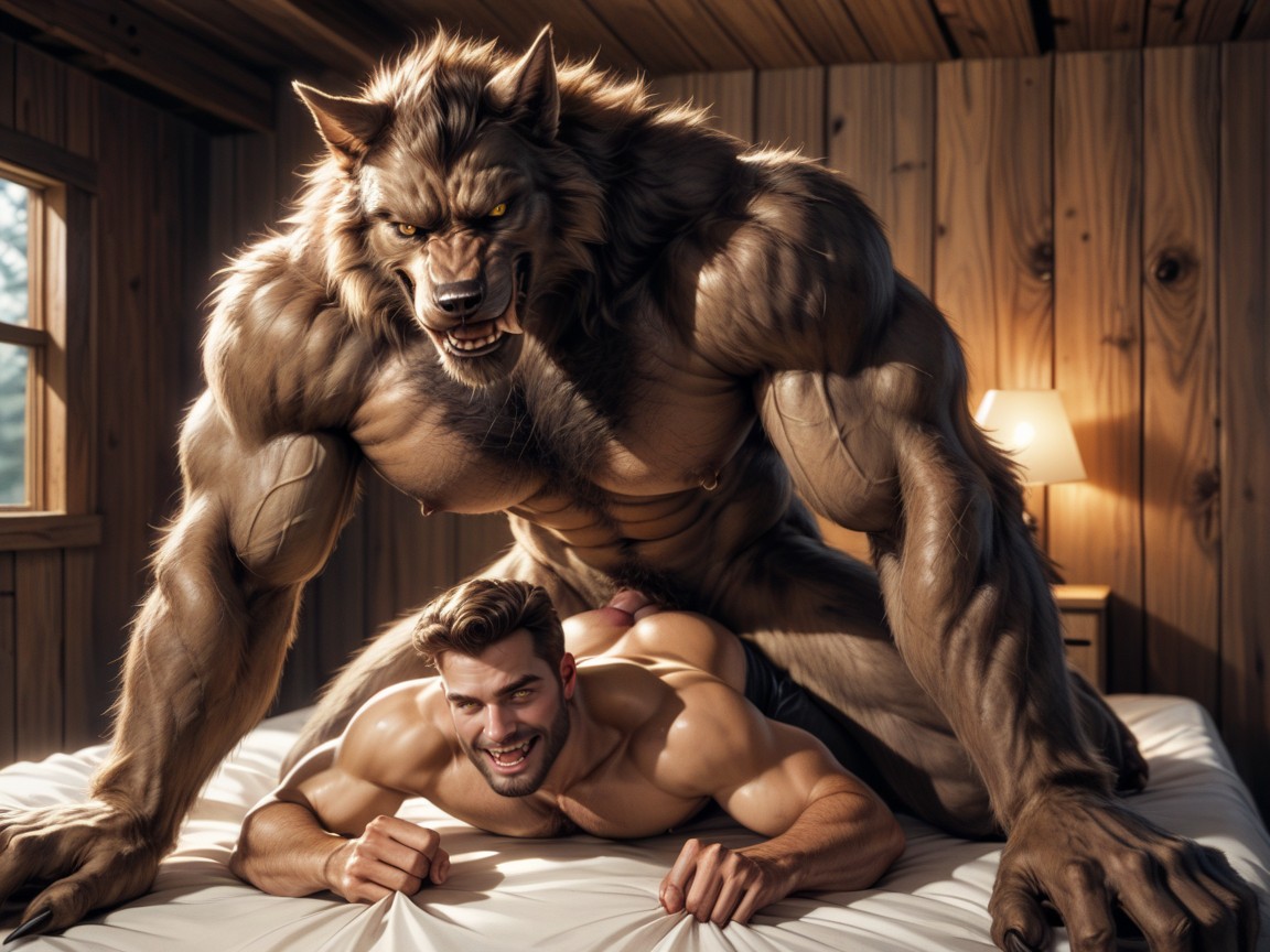 Werewolf Large Back And Large Chest Muscles, Werewolf On Top Is Happy, Werewolf Is In Love AI Gay Porn