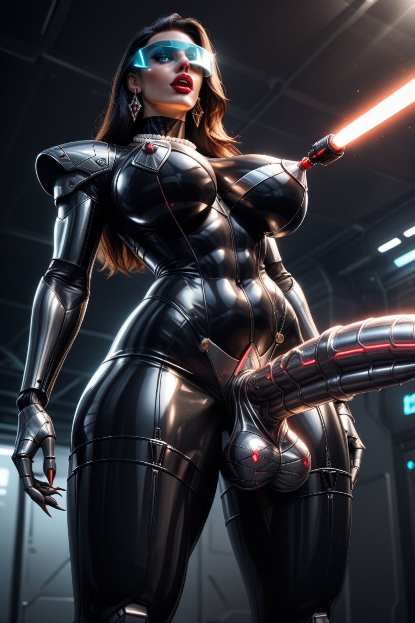 Robot Battletoads Dark Queen With Erect Smooth Shiny Robotic Penis Attached, Metallic Breasts, Black Hair Shemale AI Porn