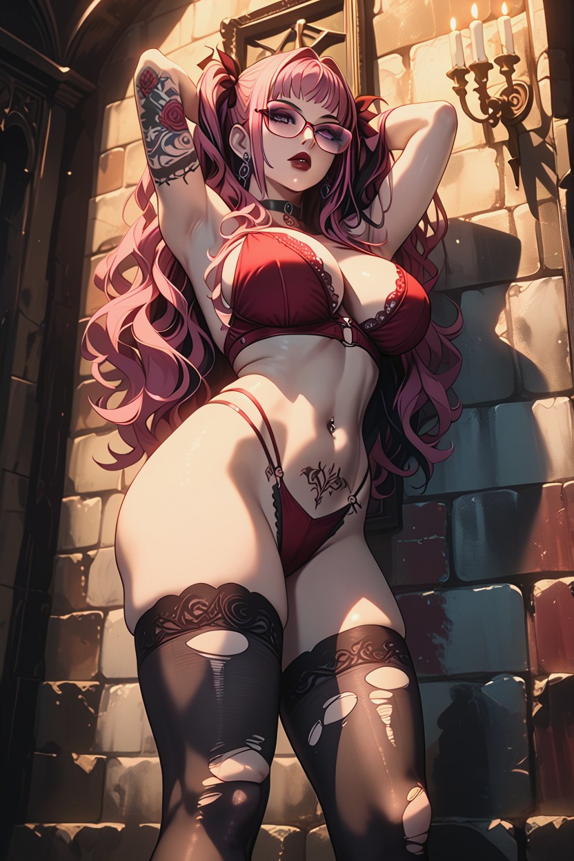 Long Pink Hair With Purple Highlights, Vista Lateral, Violet Eyes Hentai IA