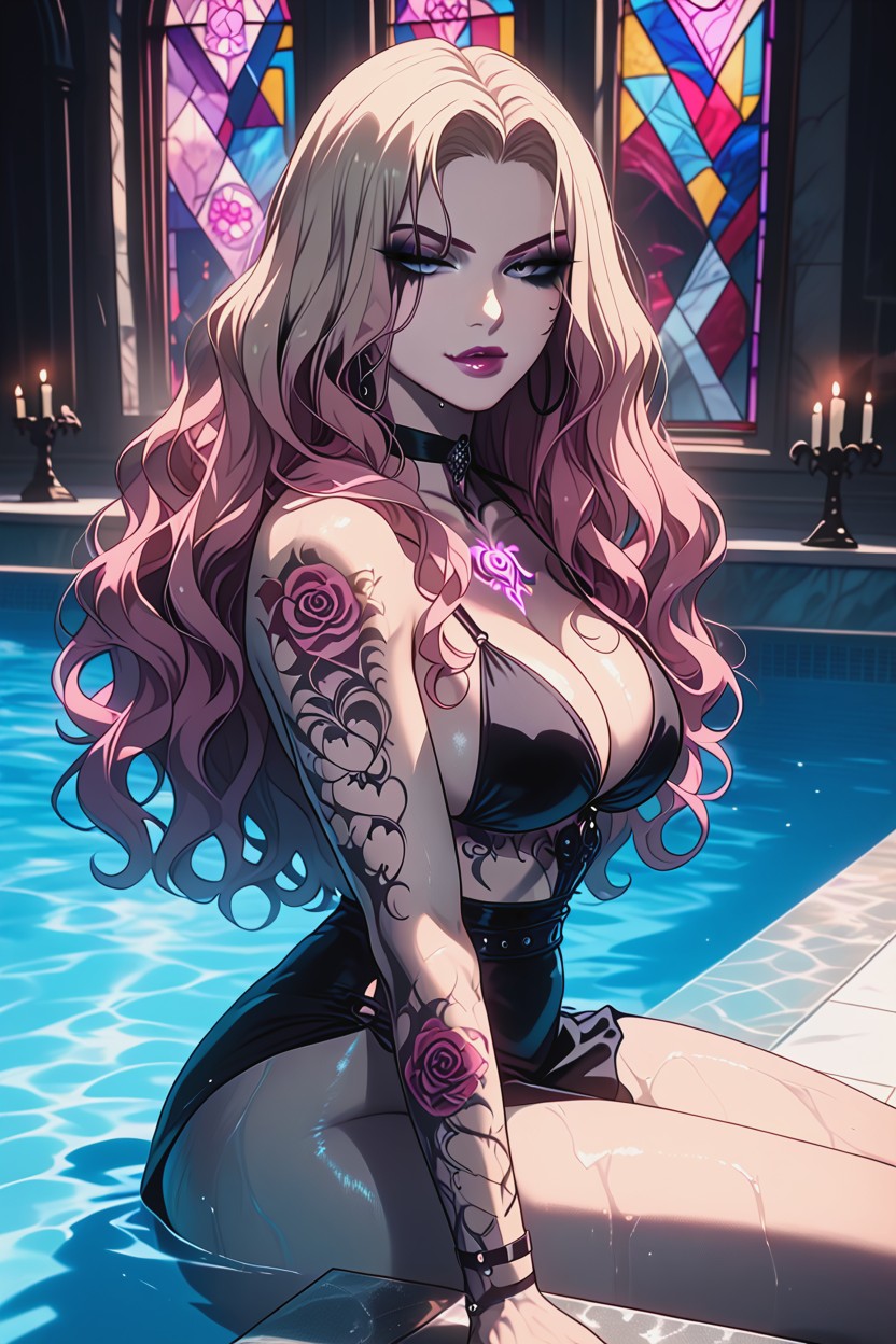 Black Wet Bikini Clinging To Her Curves, Two Ponytails, Black Nails Hentai AI Porn