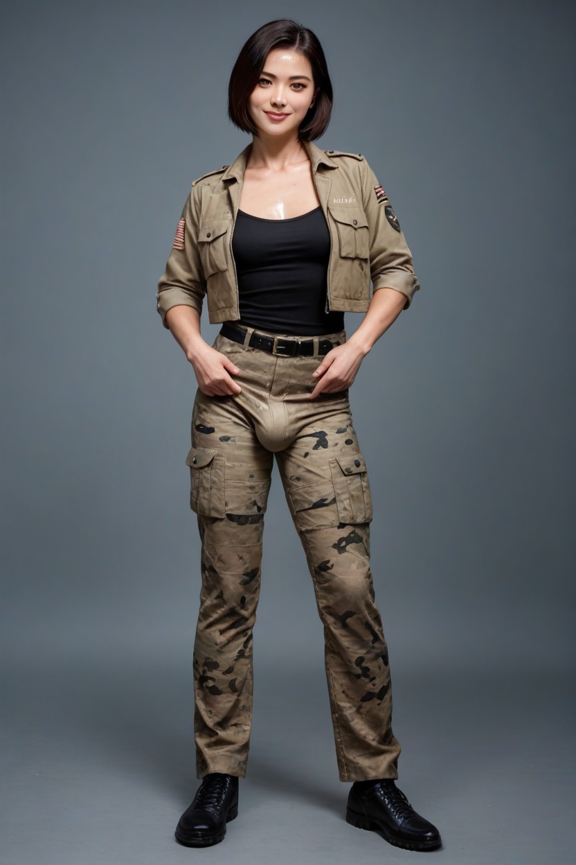 Standing Pose With Hips Slightly Thrust Forward, Indoor Barracks, Medium Hair Shemale AI Porn