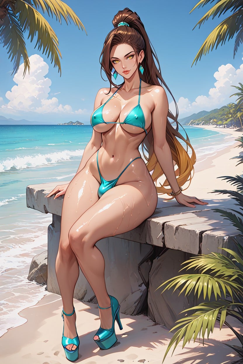 Aqua Platform Heels, Oiled Skin, Front View Shemale AI Porn