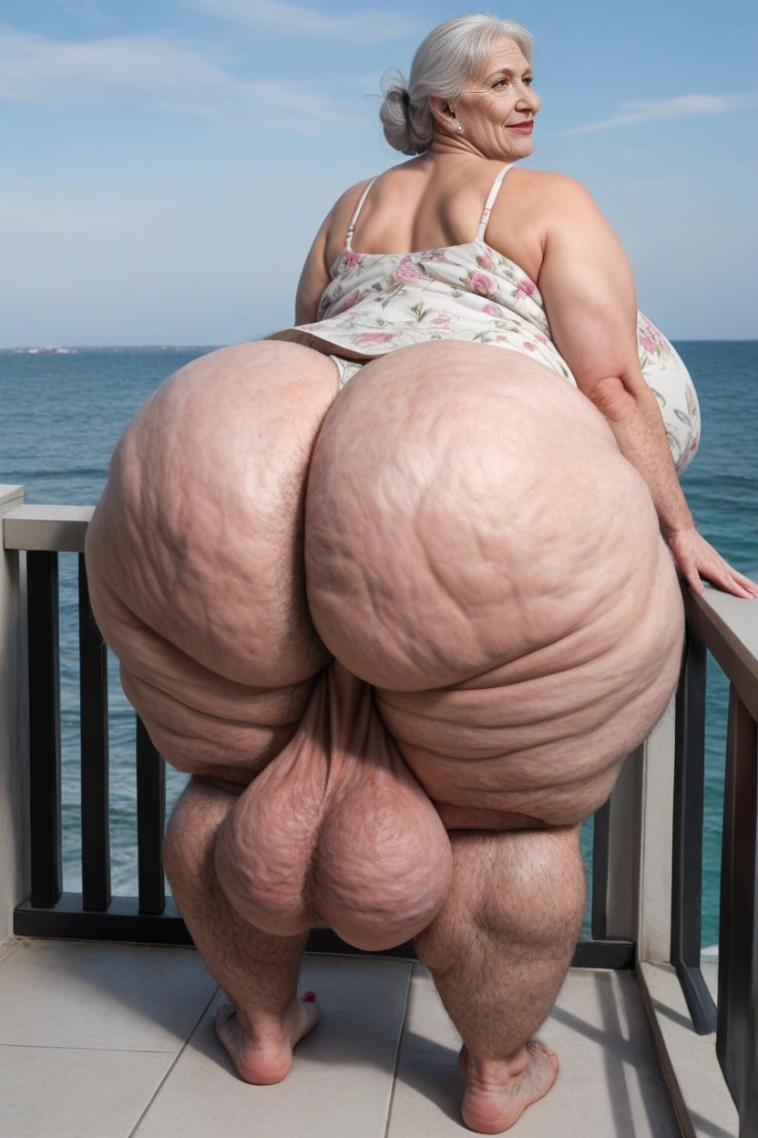Standing, Cellulite Legs, Ocean Background AI Porn