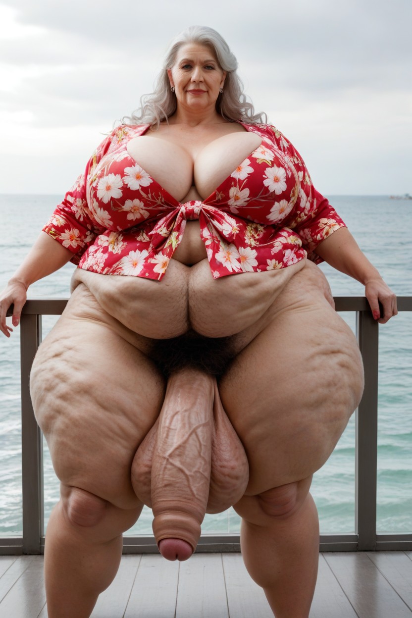 Standing On Balcony, Hyper Hairy Arms, Extreme Cellulite AI Porn