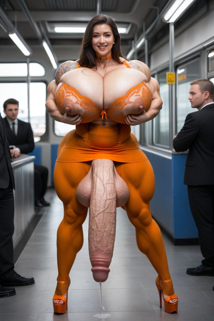 Huge Erect Penis, Train Station, Orange Lace Bra Shemale AI Porn