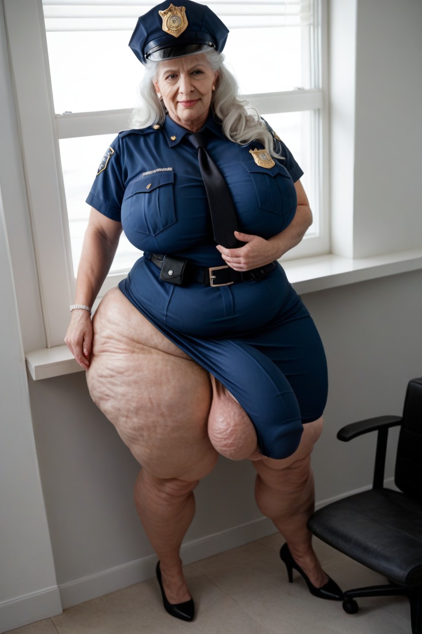 Cellulite Legs, Extremely Wide Hips, Police Office Background AI Porn