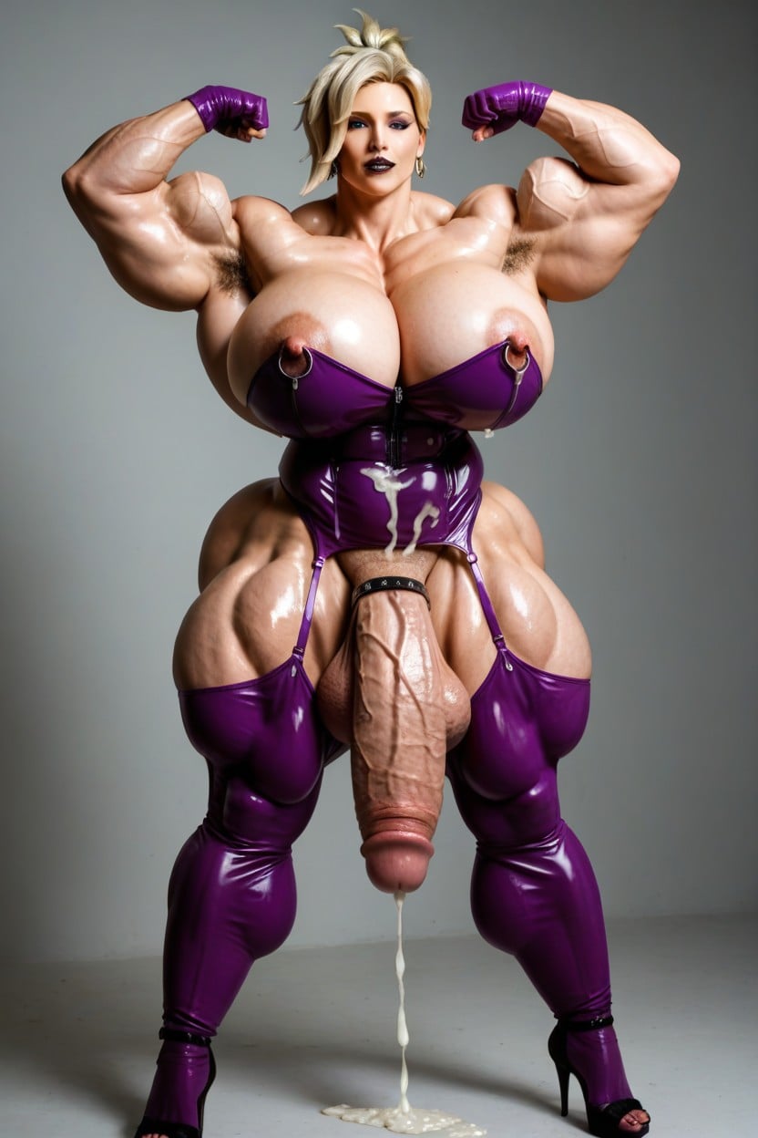 Mohawk, Muscular Breasts, Purple Latex Shoulder Length Gloves Shemale AI Porn
