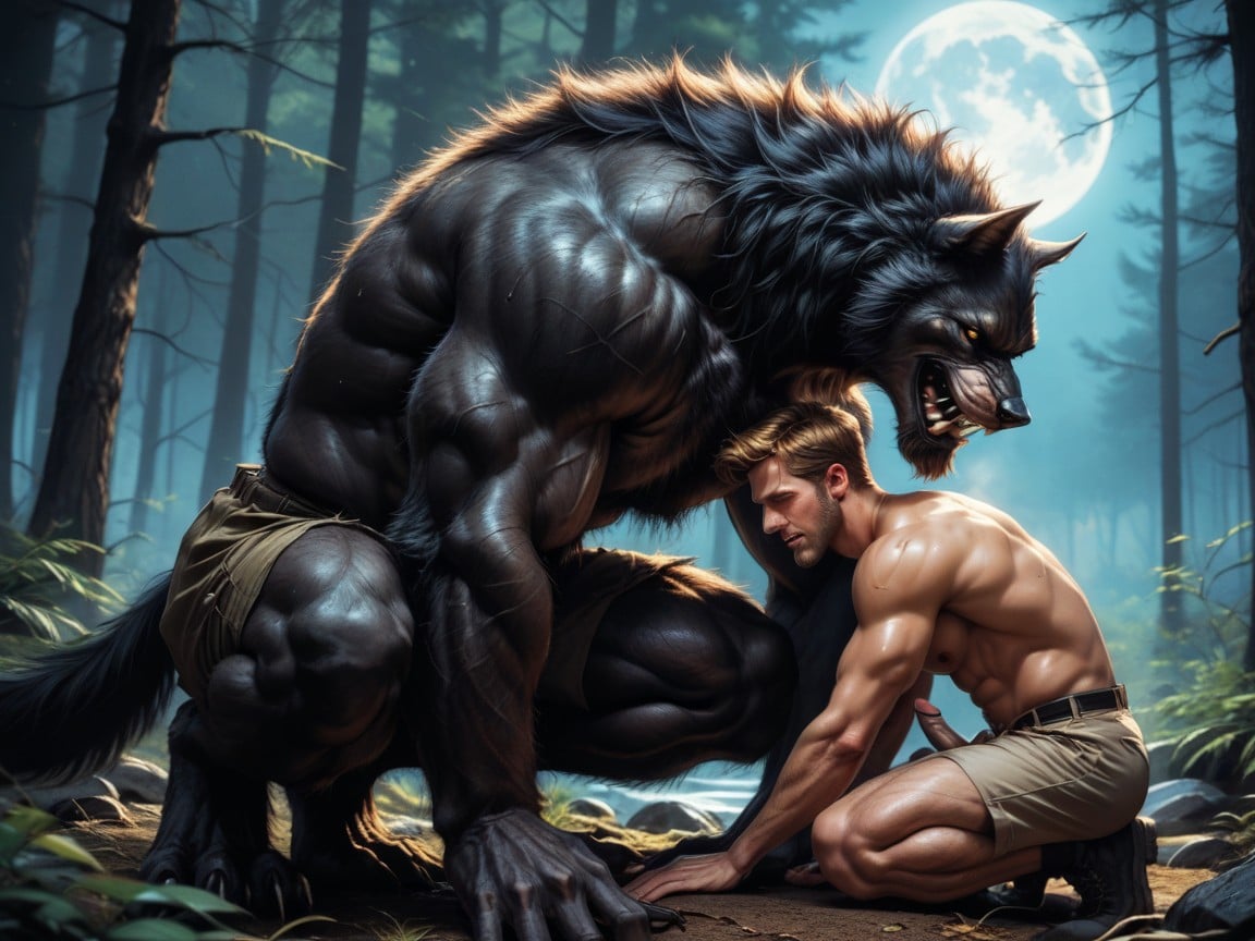 Werewolf Has Hairy Muscular Digitigrade Legs, Side View, Werewolf Sweaty AI Gay Porn