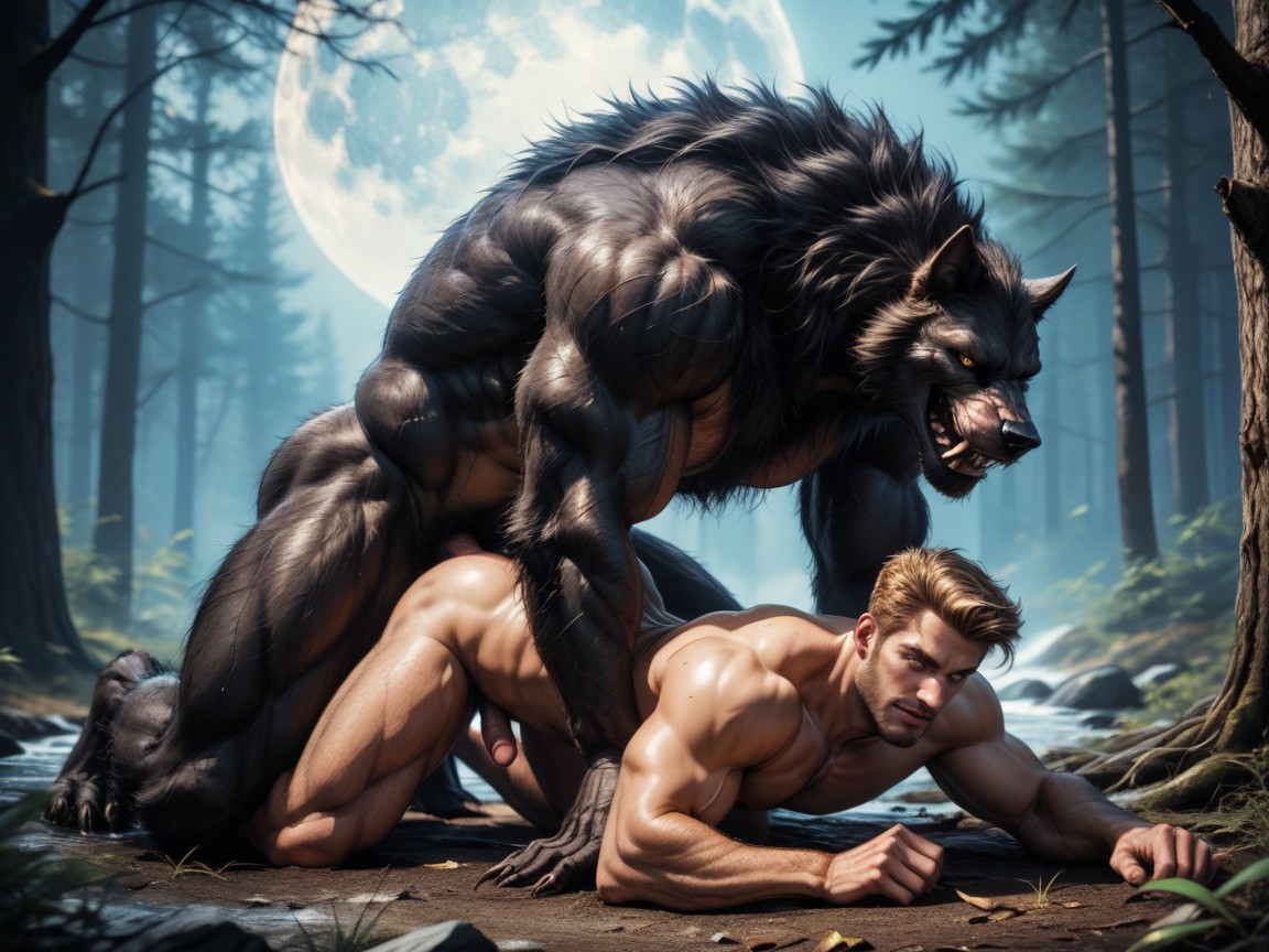 Muscular Werewolf Body, Werewolf Has Thick Black Colored Fur, Side View AI Gay Porn