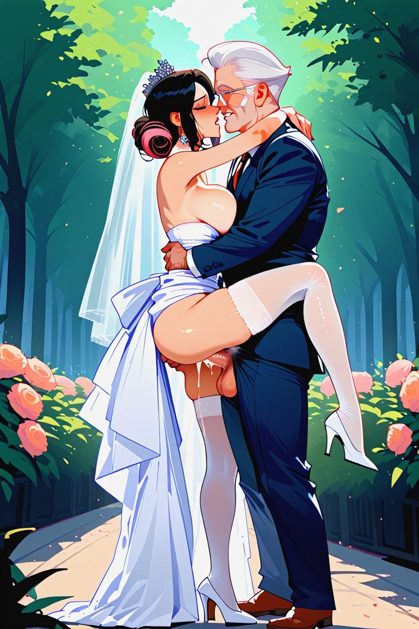 Dress Pulled Down, Wedding, Freckles AI Porn