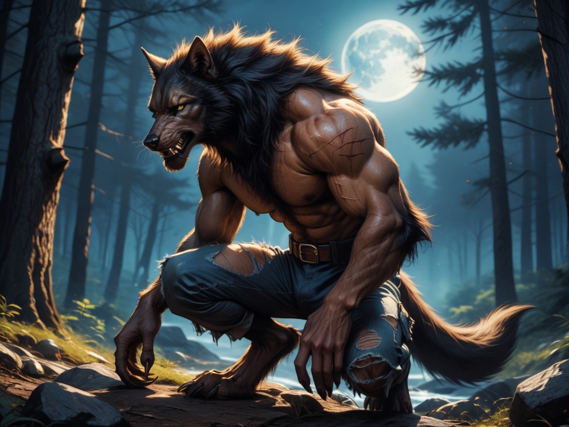 The Werewolf Has A Body That Looks Like A Big, Waist Shot, Werewolf Sweaty AI Gay Porn