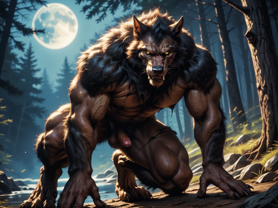 The Werewolf Has Body Features, Werewolf Sweaty, Werewolf Has Thick Black Colored Fur AI Gay Porn