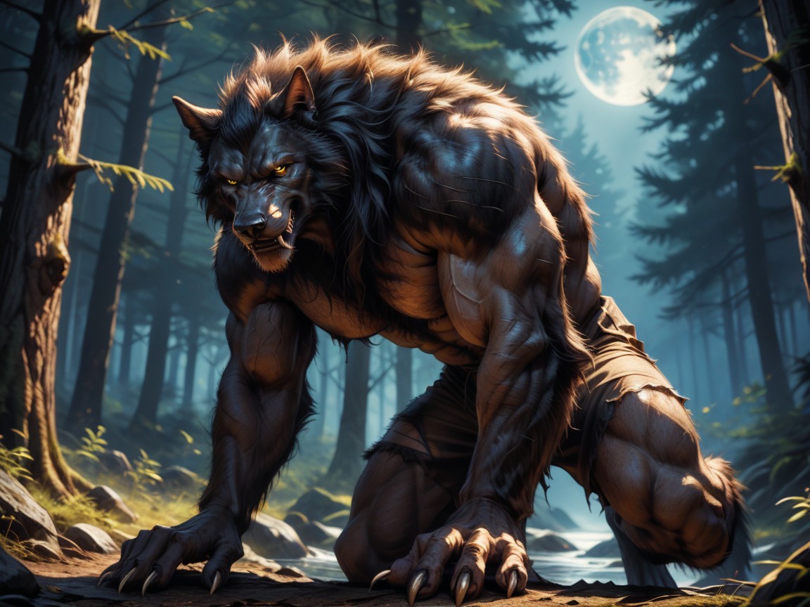 The Werewolfs Body Form On Full Display, Werewolf Large Fur Covered Torso, Werewolf Sweaty AI Gay Porn