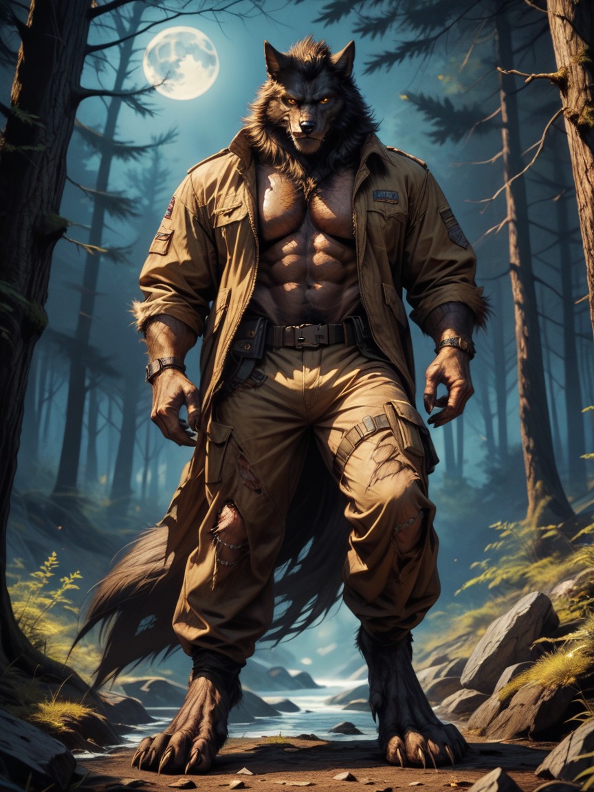 Full Body, 1 Person, Werewolf Has Hairy Muscular Digitigrade Legs AI Gay Porn