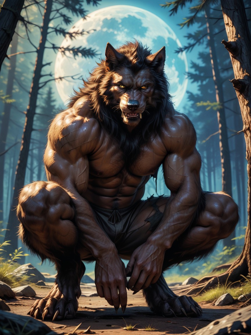 Front View, The Werewolfs Body Is Covered In Fine Black Fur, Small AI Gay Porn
