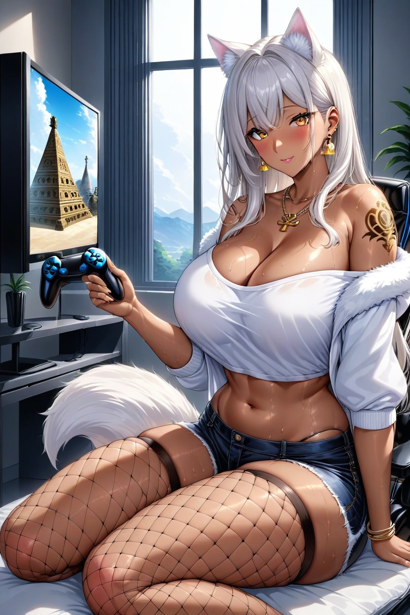 Mesh Turtleneck At Top, Living Room, Huge Eyes Hentai AI Porn