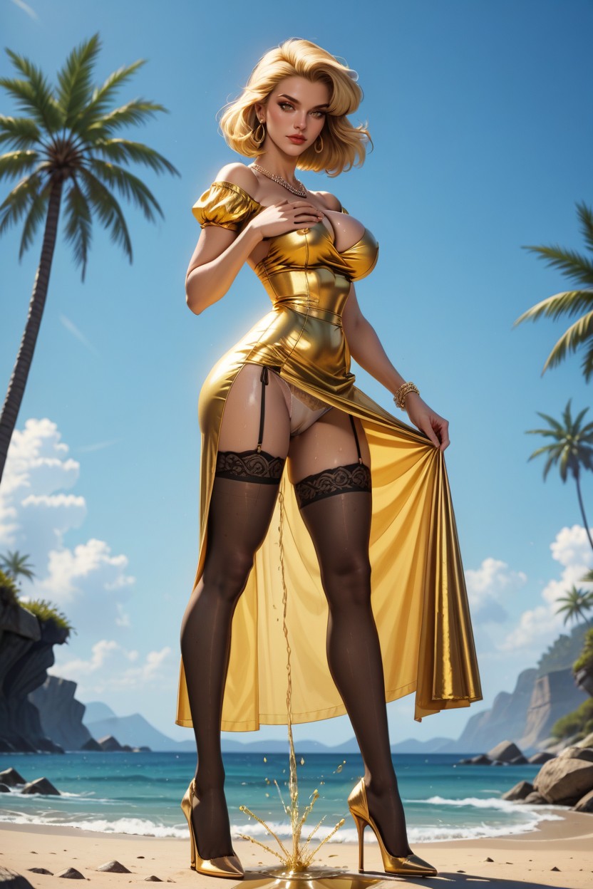 High Heels, Golden Queens Dress, Getting Wet AI Porn