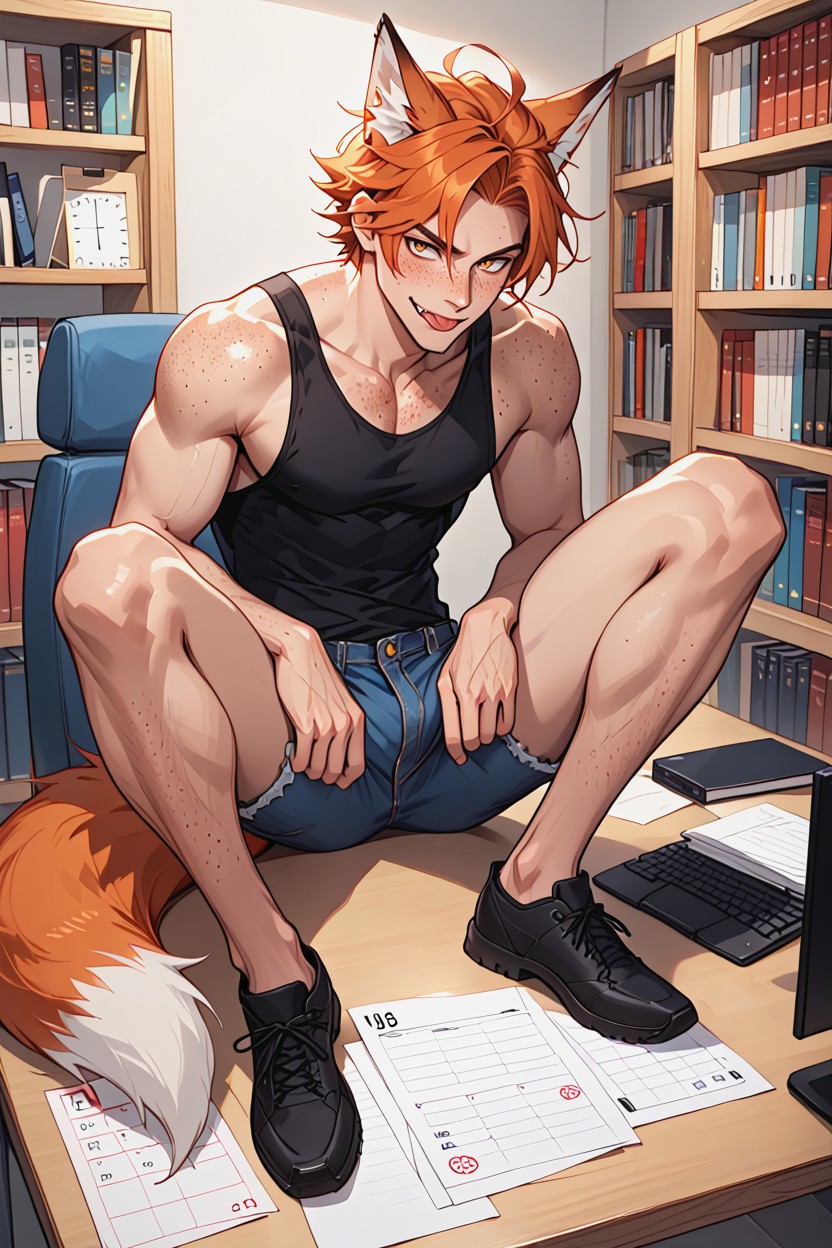 He Has Large Fox Ears With White Tips, Shorts Vaqueros, Sala De Estudio Porno gay IA