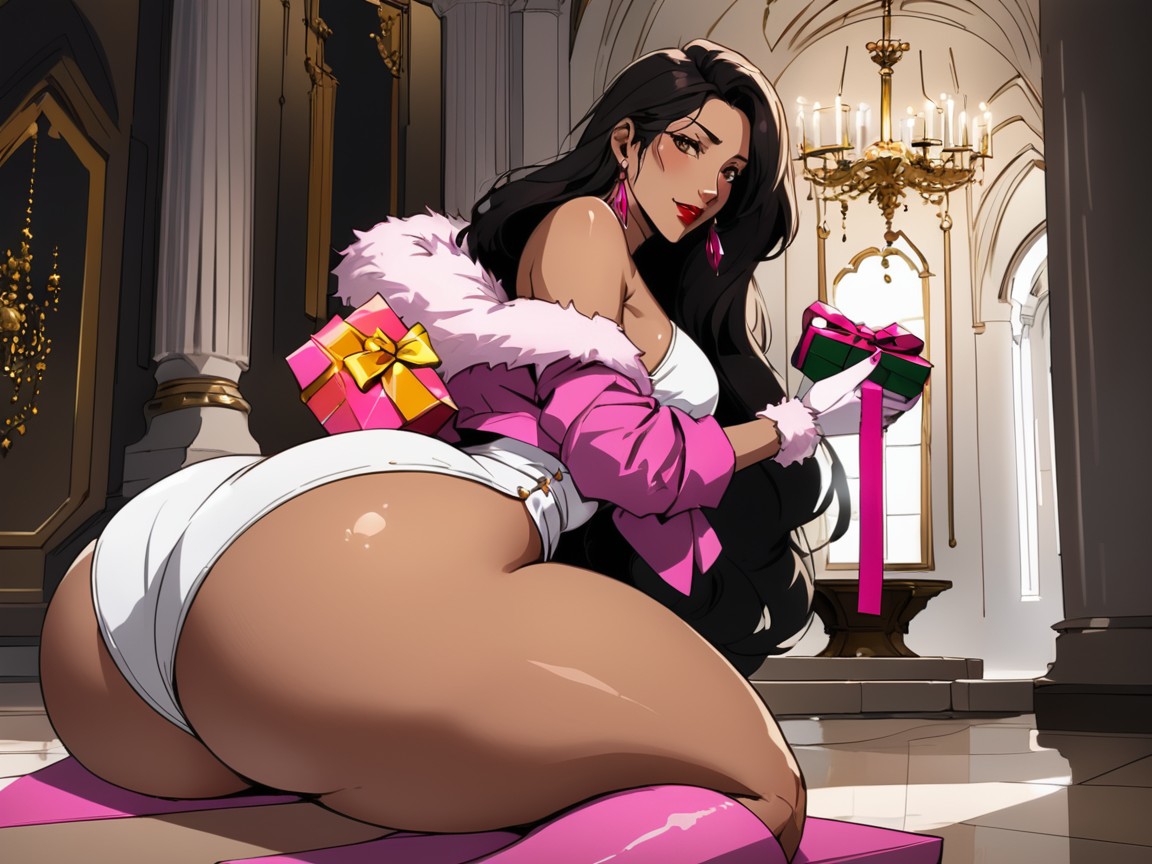Brown Eyes, Brown Eyes, Woman Holding Matte Pink Gift Box AI Porn