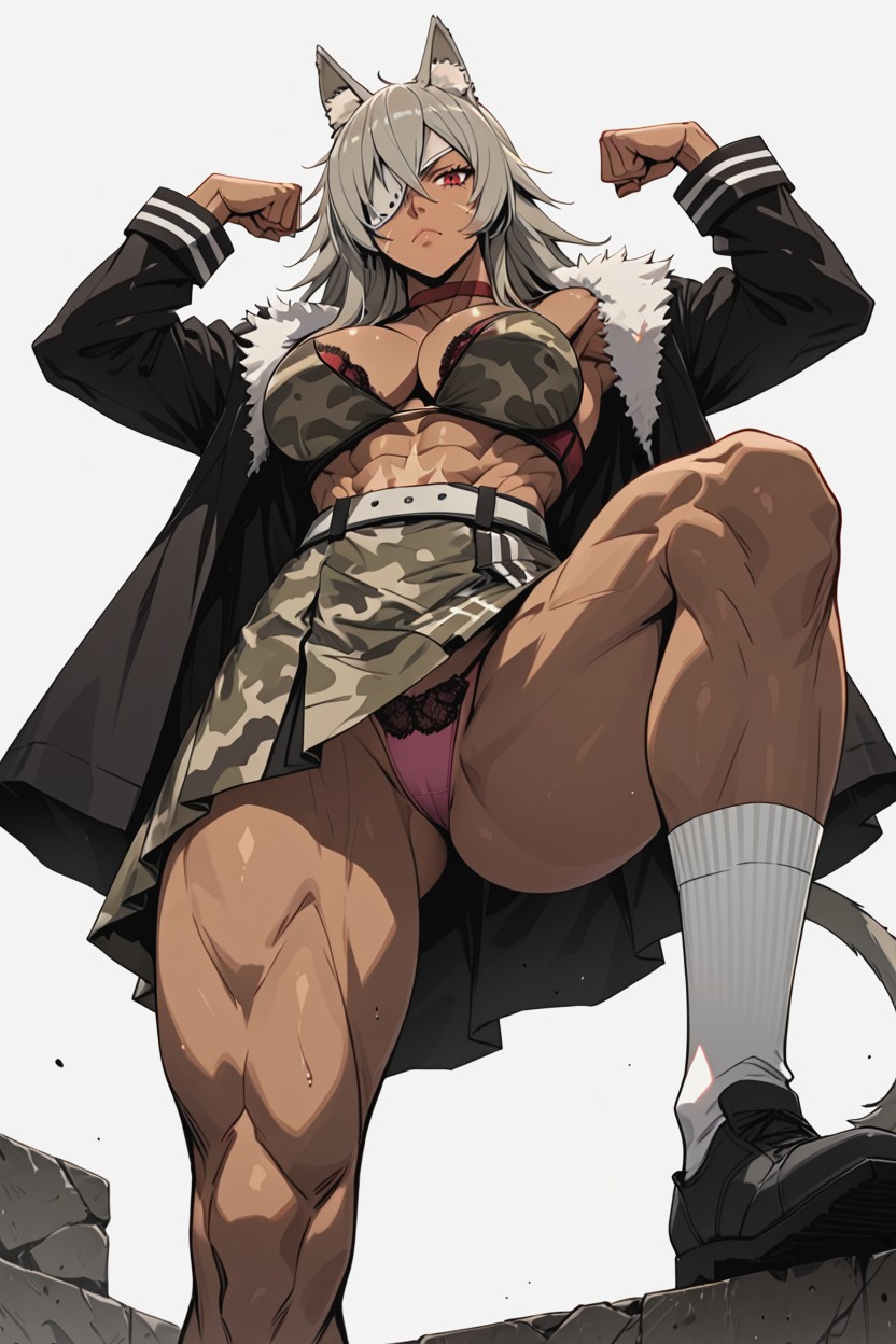 Military Camo Top, One Arm Flexing, Dark Brown Skin Hentai AI Porn
