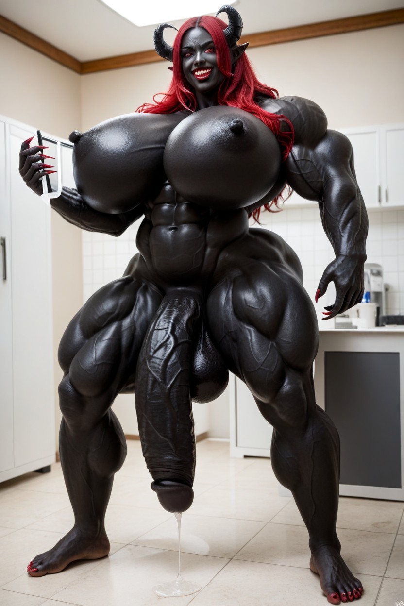 Black Skin, Glowing Red Eyes, Muscular Shemale AI Porn