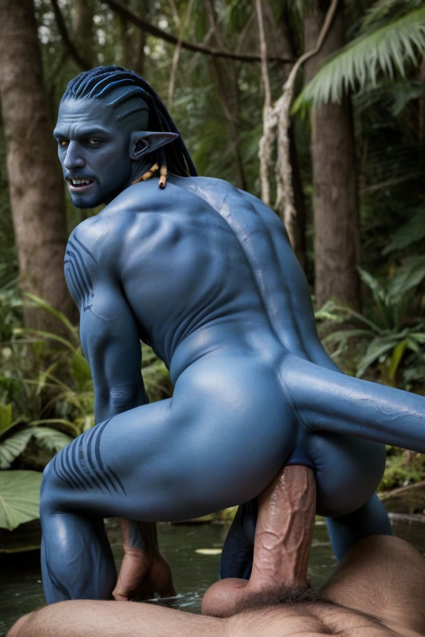 Pointed Ears, Complete Body Full With Blue Camouflage Tattoos, 18+ 게이 AI 포르노