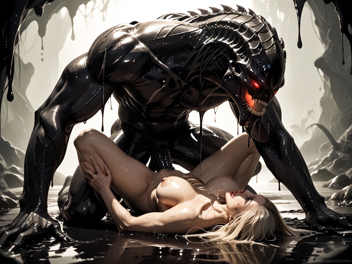 Black Goo Background, Beauty Face, Glowing Alien Cock AI Porn