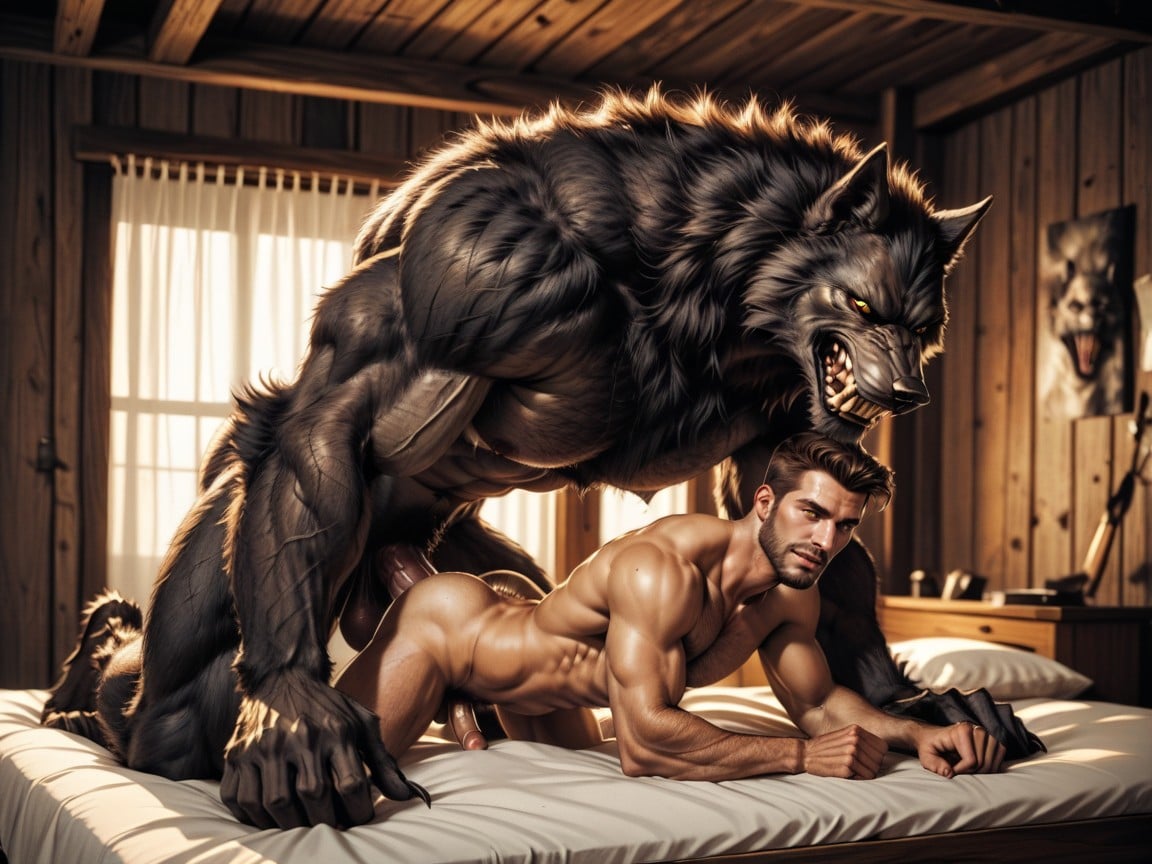 Werewolf Has His Large Clawed Hand On The Human Male’s Waist, Werwolf Hairy, Werewolf Muscular Hairy Large Pecs AI Gay Porn